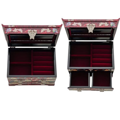 February Mountain Mother of Pearl Wooden Jewelry Organizer Box – Jewelry Storage Box for Women, Features Spacious Drawers, Ideal for Rings, Bracelets, Watches, Chains, Accessories - style: Peony_Red