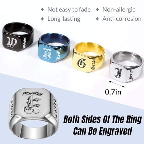 Custom Signet Ring for Men Personalized Initial Ring Custom Mens Rings Engraved Ring Customized Memorial Graduation Gifts for Father Husband Boyfriend Friends - color: Square Silver