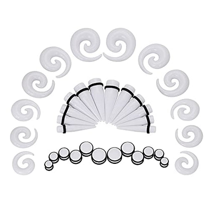 Qmcandy 00G-20mm Ear Stretching Kit 36PCS Big Gauge Taper Kit Large Acrylic Tunnel Plug Spiral Set - color: 36pcs, White