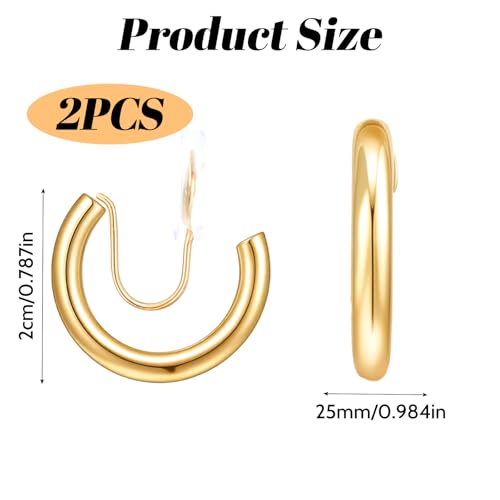 2 Pairs Gold Chunky Hoop Earrings for Women | Small Lightweight Clip On Earrings for Non Pierced Ears, Comfortable Cushion & Non-Slip Grip for Sensitive Ears