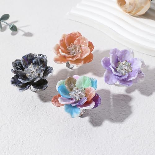 Dtja Large Blossom Flower Statement Ring for Women Silver Plated Colorful Resin Daisy Cherry Floral Adjustable Open Wrap Finger Rings Elegant Wedding Theme Party Jewelry - color: Purple