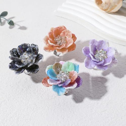 Dtja Large Blossom Flower Statement Ring for Women Silver Plated Colorful Resin Daisy Cherry Floral Adjustable Open Wrap Finger Rings Elegant Wedding Theme Party Jewelry - color: Purple