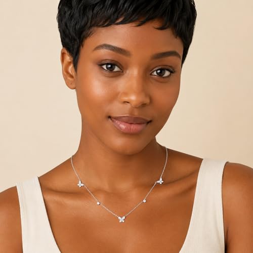 Dainty Silver Gold Necklaces for Women Cute Station Choker Simulated Diamond Necklace Simple Layering CZ Necklace Trendy Jewelry Gifts - color: Silver, style: Butterfly