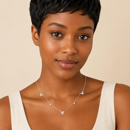 Dainty Silver Gold Necklaces for Women Cute Station Choker Simulated Diamond Necklace Simple Layering CZ Necklace Trendy Jewelry Gifts - color: Silver, style: Butterfly