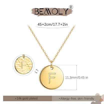 Bemoly Initial Necklace for Women Round 11MM Coin Disc Double Side Engraved Letter A-Z Hammered Pendant 14K Gold Plated Personalized Alphabet Birthday Jewelry 17.5" - style: F