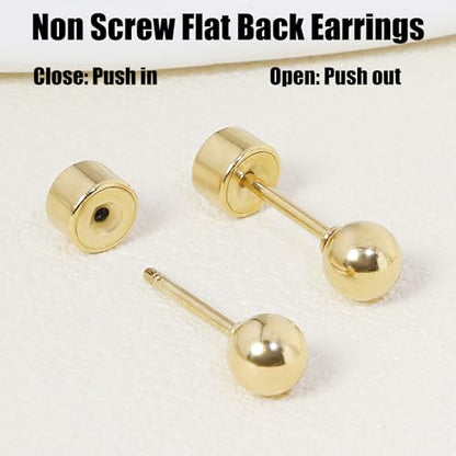Sweetkiki Threadless Flat Back Earrings, 14K Gold Plated Ball Stud Earrings Hypoallergenic | Cartilage Earring | Helix Piercing Jewelry | Tragus Piercing Jewelry | Push in Flatback Earrings for Women Men - color: 14K Gold, size: 4 Millimeters