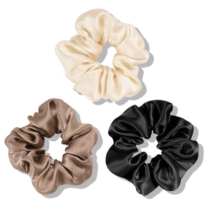 OLESILK 100% Mulberry Silk-Scrunchies for Hair Sleep, Women Grils Silk Hair Ties for Frizz & Breakage Curly Hair, No Damage, Elastics Ponytail Holder, 3 Pack - color: 3pcs, Black-Camel-Light Champagne