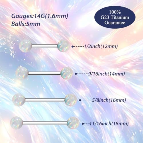 FUNLMO 1 Pair Nipple Piercing Jewelry Titanium Nipple Rings Internally Threaded Tongue Rings Bridge Piercing Jewelry Opal Nipple Barbells - color: Silver, White Opal Ball