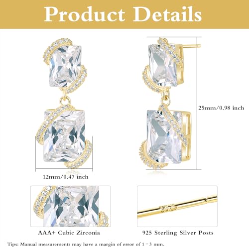 Gemsme Bridal Wedding Earrings for Brides Bridesmaides, 925 Sterling Silver Posts hypoallergenic Cubic Zirconia stud,Drop & Dangle Earrings for Women Jewelry Gifts - color: Gold - Square Shape