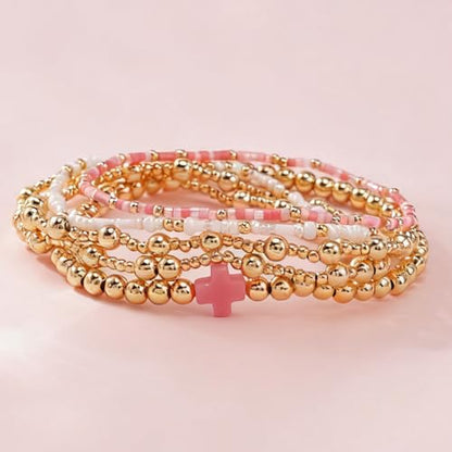 Colorful Gold Plated Stackable Ball Seed Beaded Bracelets Set For Women, Boho Handmade Romantic Stretch Accessories Jewelry, Daily Wear Holiday Party Friendship Gift - color: Pink Cross