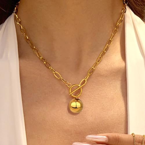 Chunky Gold Necklace for Women, 18K Waterproof Heart Necklace Statement Necklace Gold Charm Necklace Chunky Jewelry Paperclip Chain Choker Gift for Women - style: Golden Ball