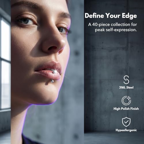 40 PCS 16G Lip Rings, Stainless Steel Horseshoe Labret Monroe Studs Eyebrow Rings Nose Rings, Body Piercing Jewelry Set for Women Men