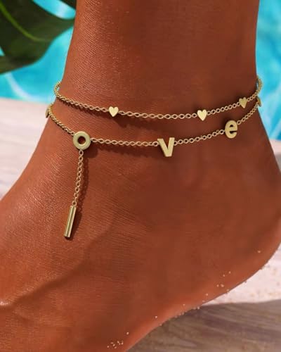 2/3 PCS Gold Anklets for Women Waterproof Boho Starfish, Seashell, Heart & Butterfly Charms Ankle Bracelets Non Tarnish Adjustable Layered Cuban Beaded Foot Chain Beach Jewelry for Summer Vacations - color: Gold Set 5