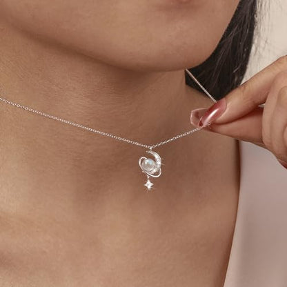 925 Sterling Silver Crescent Necklace Moon Star Pendant for Women | 14K Gold Plated Crystal Moon Necklace Dainty CZ Birthstone Ramadan Moonstone Necklace Birthday Jewelry for Mom Wife Daughter - color: Silver