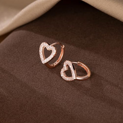 SLUYNZ Sterling Silver Love Heart Huggie Earrings for Women Teens CZ Love Heart Hoop Earrings for Valentines Day - color: C-Rose Color