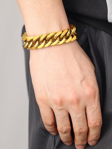 ChainsHouse Stainless Steel Cuban Link Bracelet, 6mm/8mm/12mm/17mm Width, 7.5"/8.3"/9", Black/ 18K Gold Plated Chain Wrist Bracelets for Men Women, Send Gift Box - color: X: Gold-17mm width-custom