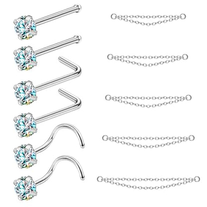 20G Nose Rings Studs with Chain Piercing Across Double Nose Stud Nose Hoop Spike Heart Ball CZ Surgical Steel Nostril Piercing Jewelry for Women Men, Black Silver Gold - color: SR-Double chain