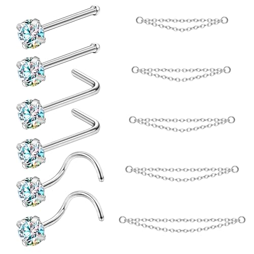 20G Nose Rings Studs with Chain Piercing Across Double Nose Stud Nose Hoop Spike Heart Ball CZ Surgical Steel Nostril Piercing Jewelry for Women Men, Black Silver Gold - color: SR-Double chain