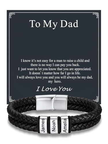 Custom4U Personalized Braided Leather Bracelet for Men with Name Engraved | 1-5 Name Engraving, Stainless Steel Bead, 7.5/8.3/9 Inch Black Leather, Gift Design for Men with Custom Keepsake Cards - color: 01-Steel Color-To My Dad, size: 3 Names