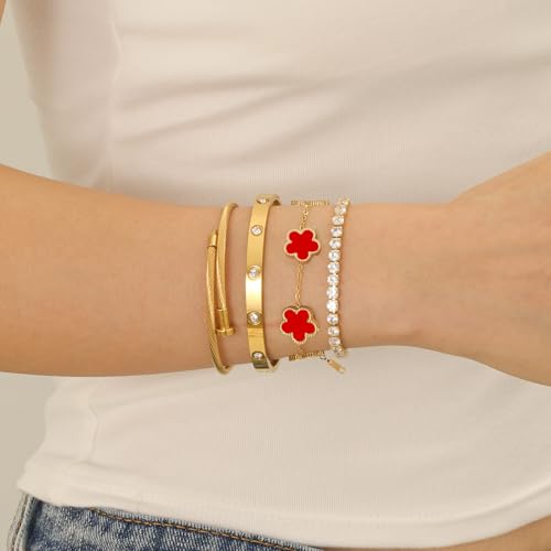 Gold Bracelets for Women, 18K Gold Plated Women Tennis Bracelets Clover Nail Love Bangle Bracelet Set, Gold Bracelet Stackable Set Trendy Jewelry, Gifts for Women's Day and Mother's Day - color: 05-Color-red