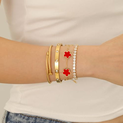 Gold Bracelets for Women, 18K Gold Plated Women Tennis Bracelets Clover Nail Love Bangle Bracelet Set, Gold Bracelet Stackable Set Trendy Jewelry, Gifts for Women's Day and Mother's Day - color: 05-Color-red