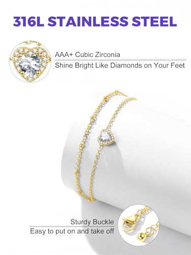 Richsteel Double Layer Heart/Butterfly Birthstone Anklet for Women | Non Tarnish Waterproof, Silver/Gold/Black Stainless Steel 8.5-10.5 Inch Adjustable Chain Anklets Summer Beach Foot Jewelry - color: Gold Heart-04 Apr.(Diamond)