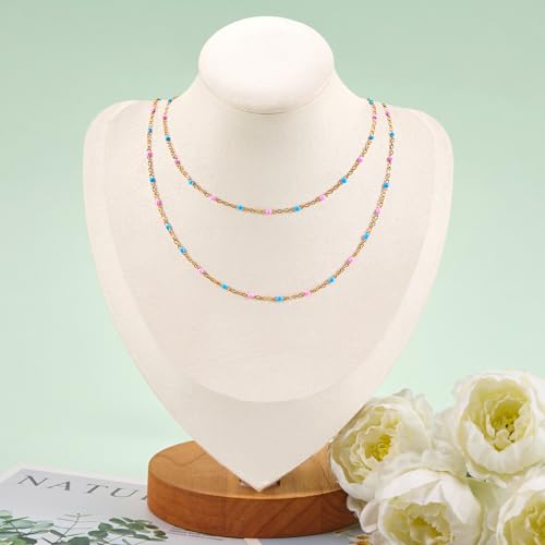16.4FT Blue Pink Enamel Bead Chain Roll Gold Plated Necklace Jewelry Links | Gold Plated Stainless Steel Bulk Chains for Jewelry Making with Lobster Clasps Jump Rings for Crafting - color: gold-blue pink