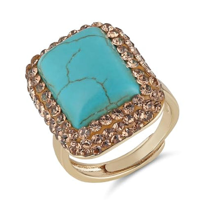 HZMAN Natural Stone Statement Ring for Women, Crystal Paved Bold Cocktail Ring, Adjustable Gold Tone Fashion Jewelry - color: Turquoise Square