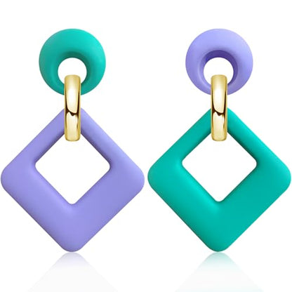 70s 80s Vintage Resin Neon Square Dangle Drop Earrings Simplicity Acrylic Hollow Round Circle Geometry Stud Earrings for Women - style: Blue Purple