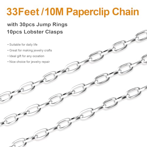 Kyutong 32.8 Feet Flat Oval Paperclip Jewelry Chain Link for Crafting | Stainless Steel Necklace Making Chain 8mm Oval Cable Chain Spool for Necklace Bracelet Crafts - color: Oval Paperclip Silver