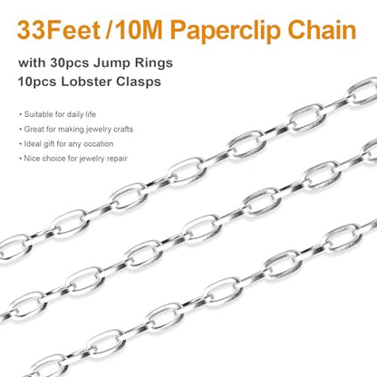 Kyutong 32.8 Feet Flat Oval Paperclip Jewelry Chain Link for Crafting | Stainless Steel Necklace Making Chain 8mm Oval Cable Chain Spool for Necklace Bracelet Crafts - color: Oval Paperclip Silver