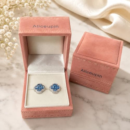 Green/Blue Zircon 4-Leaf Clover Jewelry Set – Necklace, Ring, Earrings – Women's Wedding & Evening Gift for Wife, Girlfriend, Mother – Comes with Gift Box - color: Blue Earrings
