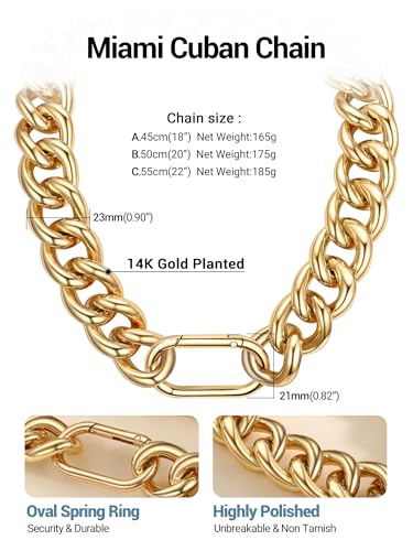 Chunky Gold Necklace for Women, 14K Gold Cuban Chain with Oval Spring Ring, 13MM/16MM/23MM 14K Gold Plated Womens Gold Chain Necklace Hip Pop Trendy Jewlry Gifts - size: 18 inchs, style: 23MM -14K Gold
