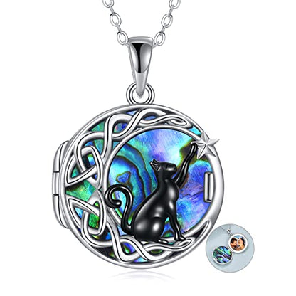 925 Sterling Silver Moon Black Cat Necklace for Women Cat Jewelry - style: I-Custom Black Cat Abalone Locket
