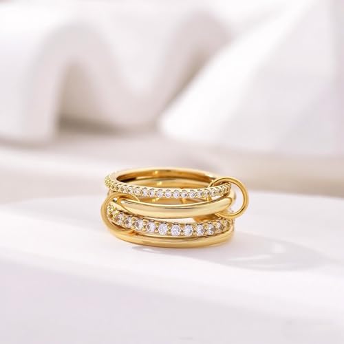 14K Gold Plated Interlocked Stackable Rings for Women Non Tarnish,Gold and Silver Cubic Zirconia Statement Rings Set,Mixed Metals Ring Two-Toned Connected Bands Stacking Jewelry - color: 4pcs rings-gold