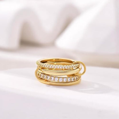 14K Gold Plated Interlocked Stackable Rings for Women Non Tarnish,Gold and Silver Cubic Zirconia Statement Rings Set,Mixed Metals Ring Two-Toned Connected Bands Stacking Jewelry - color: 4pcs rings-gold
