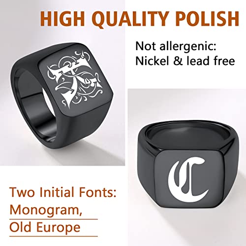 FindChic Customized Signet Photo Rings Square/Heart/Round Chunky Band Ring Stainless Steel/18K Gold Plated/Black Size 7 to 14 Personalized Jewelry for Men Women, Send Gift Box - color: 01. personalized monogram square (black)
