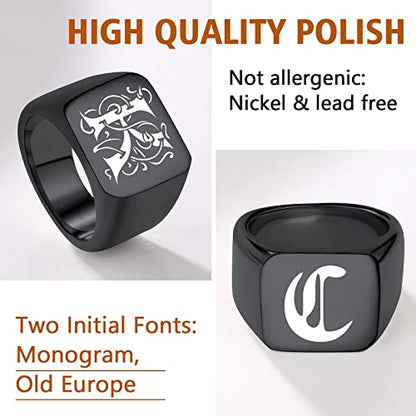 FindChic Customized Signet Photo Rings Square/Heart/Round Chunky Band Ring Stainless Steel/18K Gold Plated/Black Size 7 to 14 Personalized Jewelry for Men Women, Send Gift Box - color: 01. personalized monogram square (black)