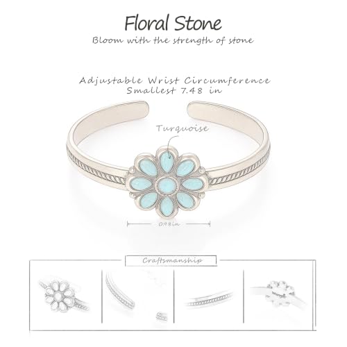 Wrangler Western Gold Turquoise Flower Open Cuff Bracelet for Women | Hand-Engraved Floral, Adjustable, Gold Plated Bangle, Southwestern Navajo design, with gift box, AR-WG-AC-BC-114-GD-TQ