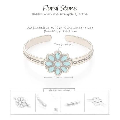 Wrangler Western Gold Turquoise Flower Open Cuff Bracelet for Women | Hand-Engraved Floral, Adjustable, Gold Plated Bangle, Southwestern Navajo design, with gift box, AR-WG-AC-BC-114-GD-TQ