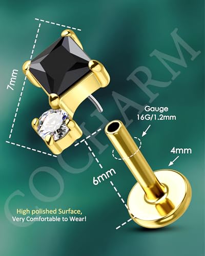 COCHARM 16G Threadless Labret Stud Earrings Flat Back Helix, Tragus, Cartilage,Conch Piercing Jewelry Square CZ Push Pin Lobe Stud 6mm 8mm 316L Steel Silver, Gold - color: Black, size: 1.2x6mm