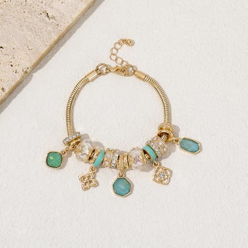 Charm Bracelet Gold Bracelets for Women Gifts | LOVE Heart Hollow Flower Bow Pink Green Square Gemstone Beaded Charm Bracelet Cute Adjustable Bracelet Jewelry - style: Green Square Gemstone