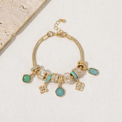 Charm Bracelet Gold Bracelets for Women Gifts | LOVE Heart Hollow Flower Bow Pink Green Square Gemstone Beaded Charm Bracelet Cute Adjustable Bracelet Jewelry - style: Green Square Gemstone