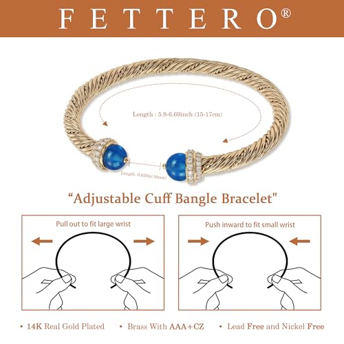 Fettero Gold Cuff Bangle Bracelets for Women - Adjustable Open Cuff Bangles 14K Gold Plated Charm Twisted Cable Bangle Bracelet for Mom Dainty Jewelry Gift - color: Blue