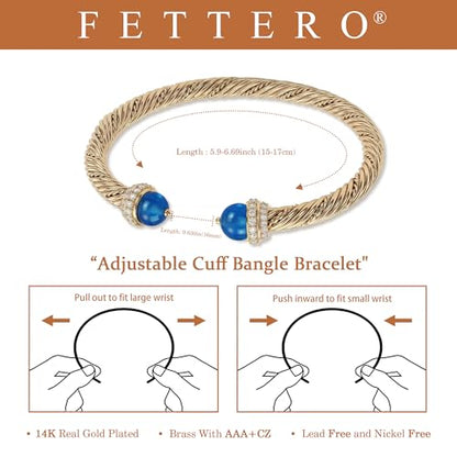 Fettero Gold Cuff Bangle Bracelets for Women - Adjustable Open Cuff Bangles 14K Gold Plated Charm Twisted Cable Bangle Bracelet for Mom Dainty Jewelry Gift - color: Blue