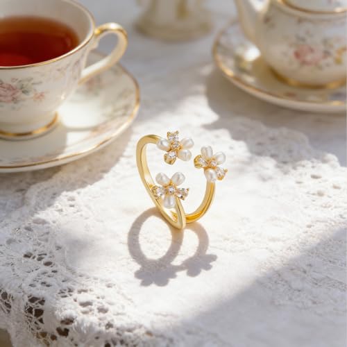 Adjustable Open Flower Rings for Women, 14K Gold Plated Dainty Cherry Blossom Rings with Cubic Zirconia/Enamel/Beads, Cute Floral Statement Rings Jewelry Gifts for Birthday Mother's Day
