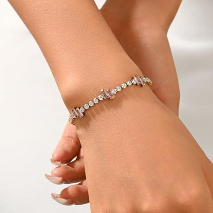 18K Gold Plated Cubic Zirconia Tennis Bracelet for Women Sparkling Stackable Stainless Steel Jewelry Hypoallergenic Tarnish Resistant Bridal Gift - color: Pink Baguette CZ-Gold