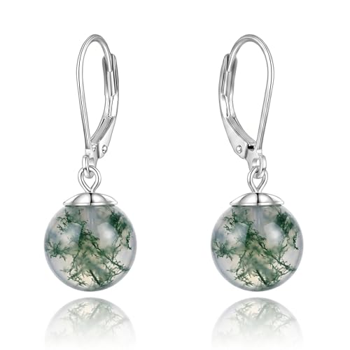 Pearl Leverback Earrings for Women Dangle Round Gemstone Earrings Birthstone Jewelry Gift Anniversary for Her - color: 17 Waterweed Agate