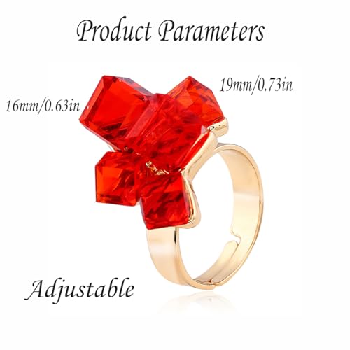 Hebelee Boho Square Crystal Statement Ring for Women Adjustable | Gold-Toned Expandable Promise Engagement Geometric Rings Comfort Fit Elegant Art Deco Christmas Cocktail Y2K Jewelry - color: Red