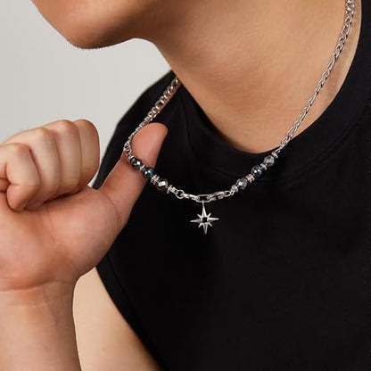 Gothic Cross Star Necklace For Men Women Silver Stainless Steel Cuban Link Paperclip Figaro Bead Chain Punk Kpop Y2k Goth Irregular Layered Cross Pendant Necklace Non Tarnish Jewelry Gift - color: Silver E